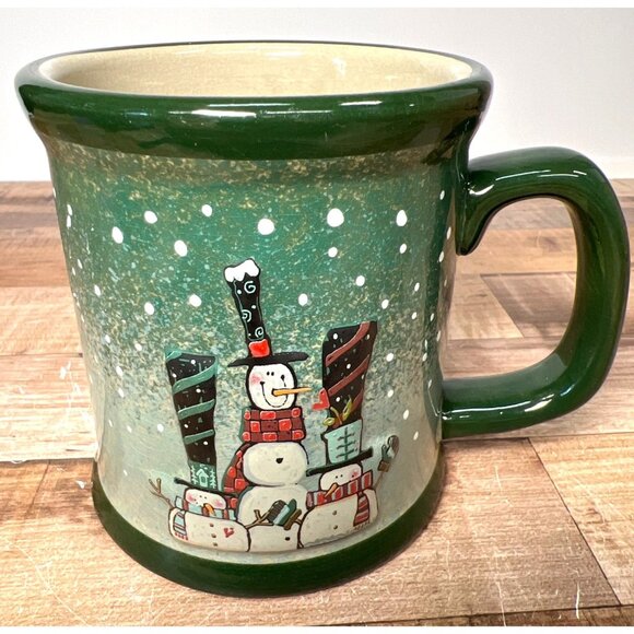 Crazy Mountain Christmas Snowman Ceramic Mug 16 Oz Green & Beige - Picture 1 of 6